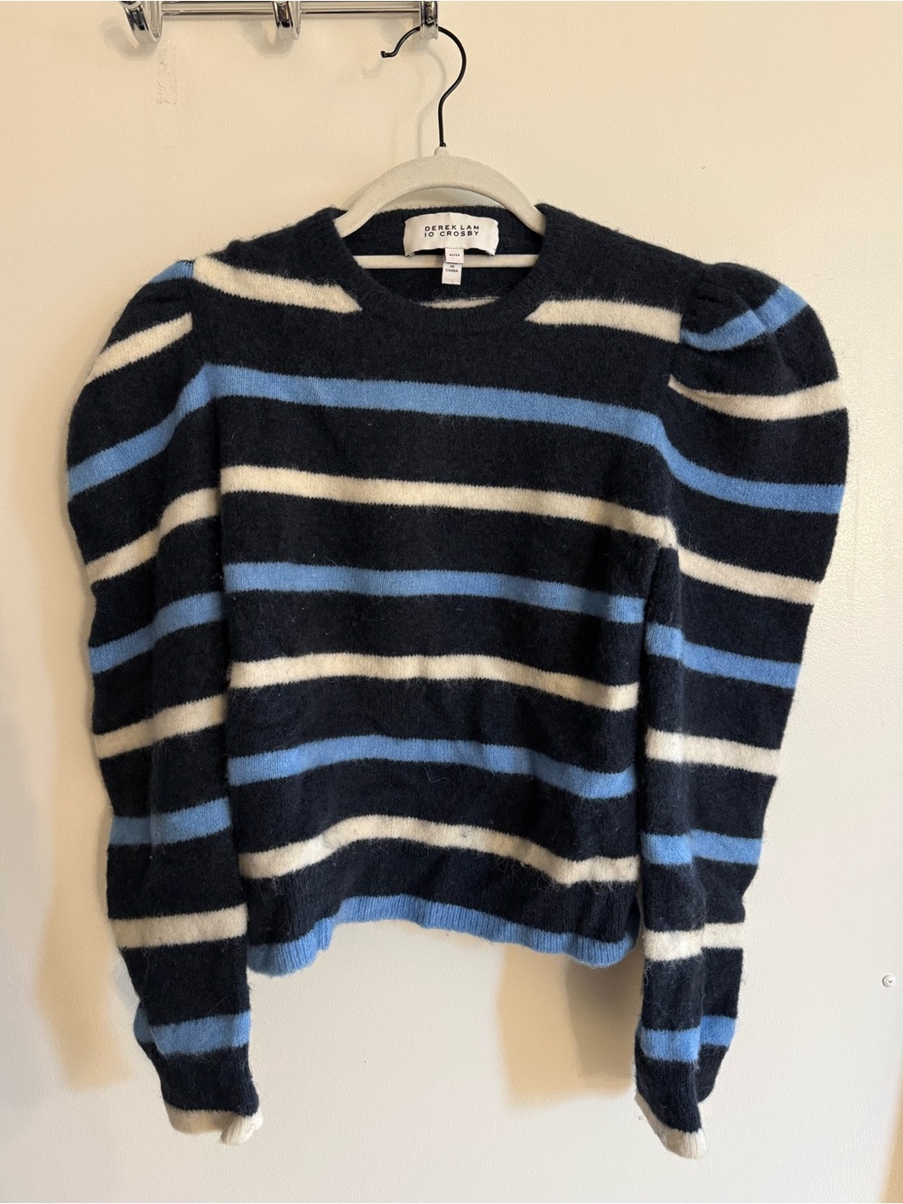 Derek Lam Puff-Sleeve Striped Crewneck Sweater